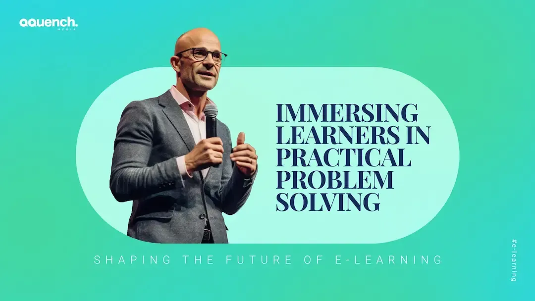 Immersing Learners in Practical Problem-Solving: Shaping the future of E-learning 1 Professional speaker holding a mic on a stage, framed against a green-to-blue gradient, promoting experiential learning in digital training. With text "Immersing Learners in Practical Problem-Solving"