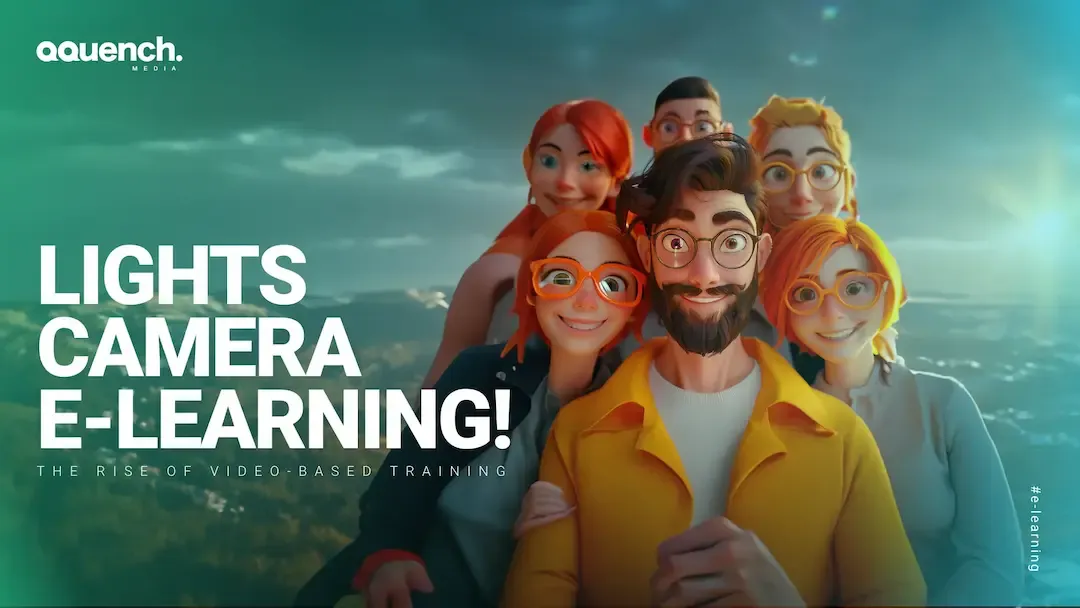 Lights, Camera, e-learning! The Rise of Video-Based Training 1 Group of cheerful 3D characters taking a selfie on a mountain backdrop, illustrating the rise of video-based training in e-learning.