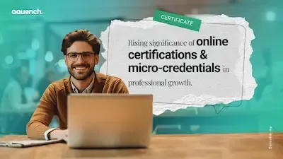 Smiling man with glasses working on a laptop at a café-style workspace with a paper-textured textbox and a green “Certificate” tag.