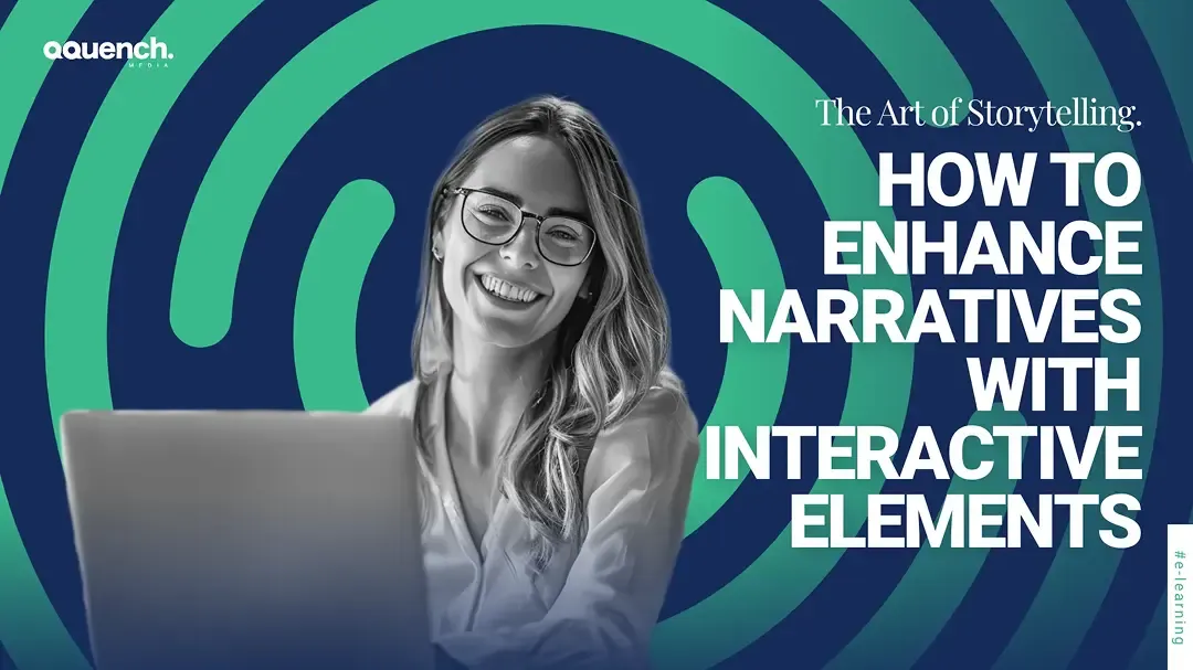 Grayscale photo of a smiling woman with long hair working on a laptop, set against vibrant fingerprint-style graphics. With text "The art of storytelling"