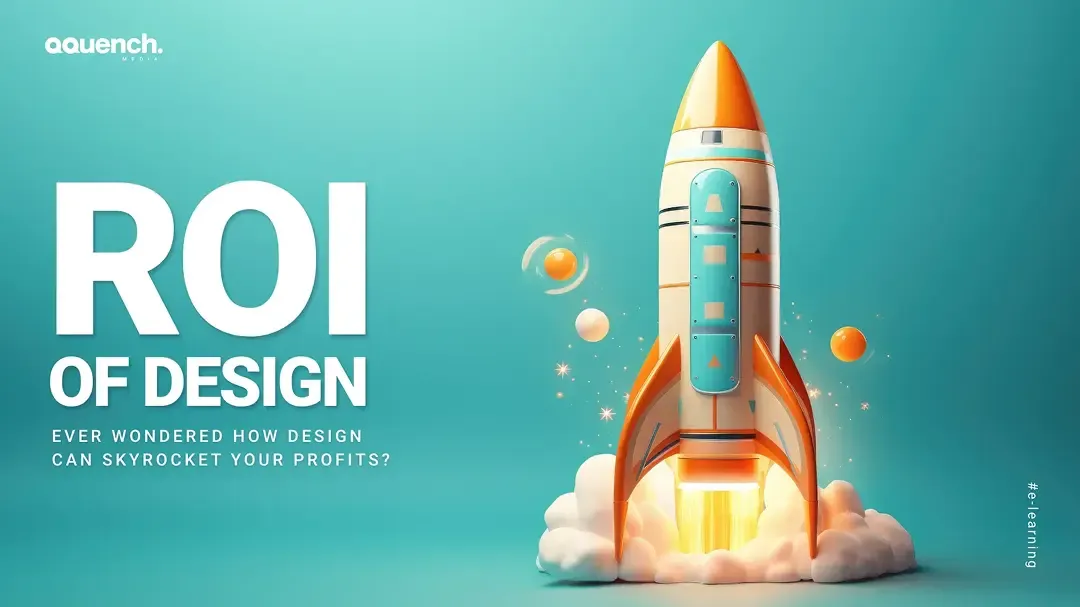 3D rocket launching upwards with clouds and orbs around it, set against a teal gradient background. With Text ROI of design