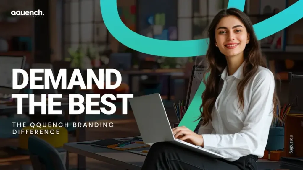 Why Your Brand Deserves the Best: The Qquench Difference 3 Woman smiling confidently while working on a laptop in a modern, creative workspace.