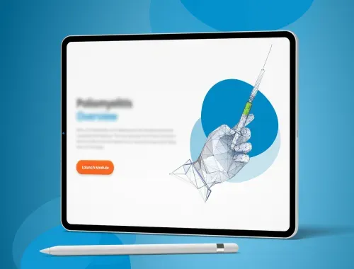 Tablet screen showing an interactive eLearning module on Poliomyelitis with an image of a hand holding a syringe.