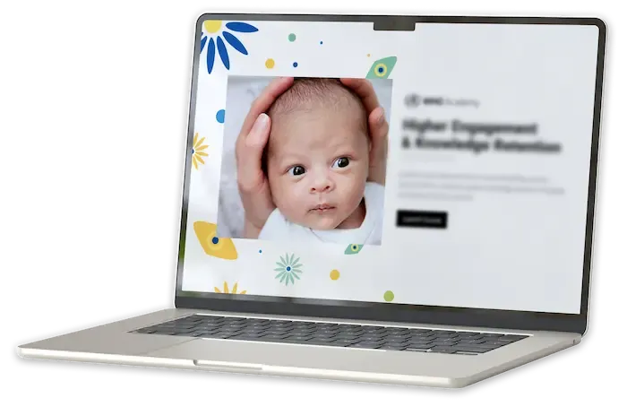 Child healthcare training case study 1 Laptop displaying a playful eLearning interface with a baby photo, used to communicate high engagement and knowledge retention in training.