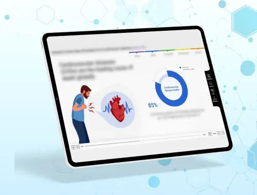 Case study mock up screen showing an interactive learning module on cardiovascular diseases, with medical icons, infographics, and health stats.