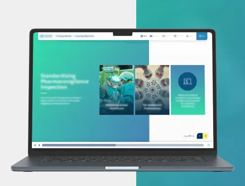 Laptop showing an interactive eLearning module on standardizing pharmacovigilance inspection, with visuals of healthcare professionals