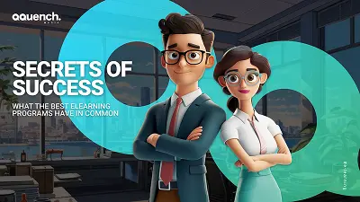 Animated professional duo in office setting, highlighting key traits of successful e-learning programs by Qquench