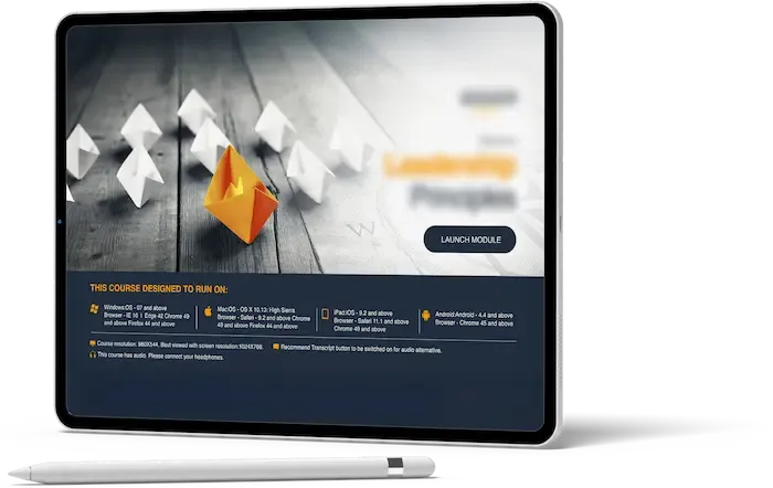 Storyline Integration Case Study 1 Tablet displaying a Leadership Principles course interface with origami birds and a standout orange paper boat symbolising leadership.