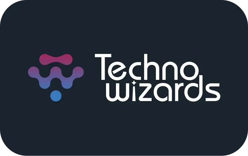 Techno Wizards - Distinct Digital Presence For a Telecom Future 1 Logo design featuring gradient magenta and blue abstract icon with futuristic text on a dark background.