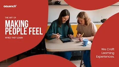 Two women doing UX research together at a table with a tablet and notebook, surrounded by red graphic elements and text that reads: 'The Art of Making People Feel While They Learn' and 'We Craft Learning Experiences.' Qquench logo is visible in the corner.