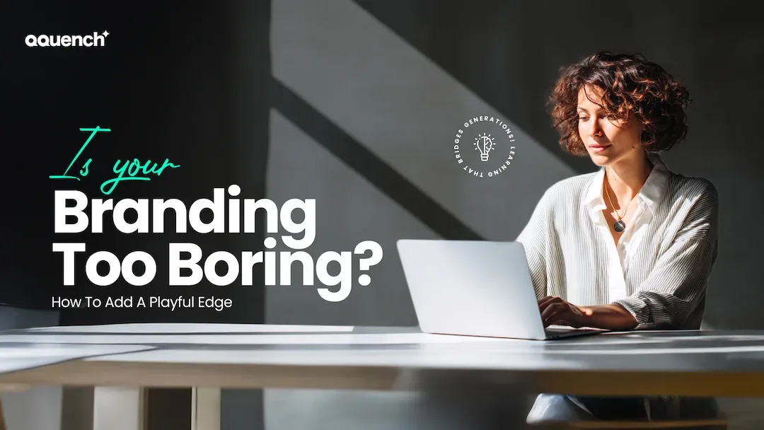 Is Your Branding Too Boring? How to Add a Playful Edge 1 Focused branding expert working on a laptop in a bright, modern workspace with the text 'Is your Branding Too Boring? How to Add a Playful Edge' next to her.