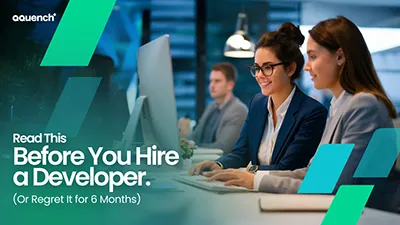 Two developers intensely working on computers in a tech office, while bold, fragmented text overlays the image: ‘READ THIS BEFORE YOU HIRE A DEVELOPER (OR REGRET IT FOR 6 MONTHS)’