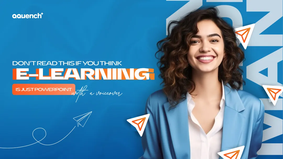 Smiling woman in a blue blazer next to bold text debunking eLearning myths. The banner highlights modern eLearning is just PowerPoint, promoting interactive digital learning, instructional design innovation, and engaging online training solutions.